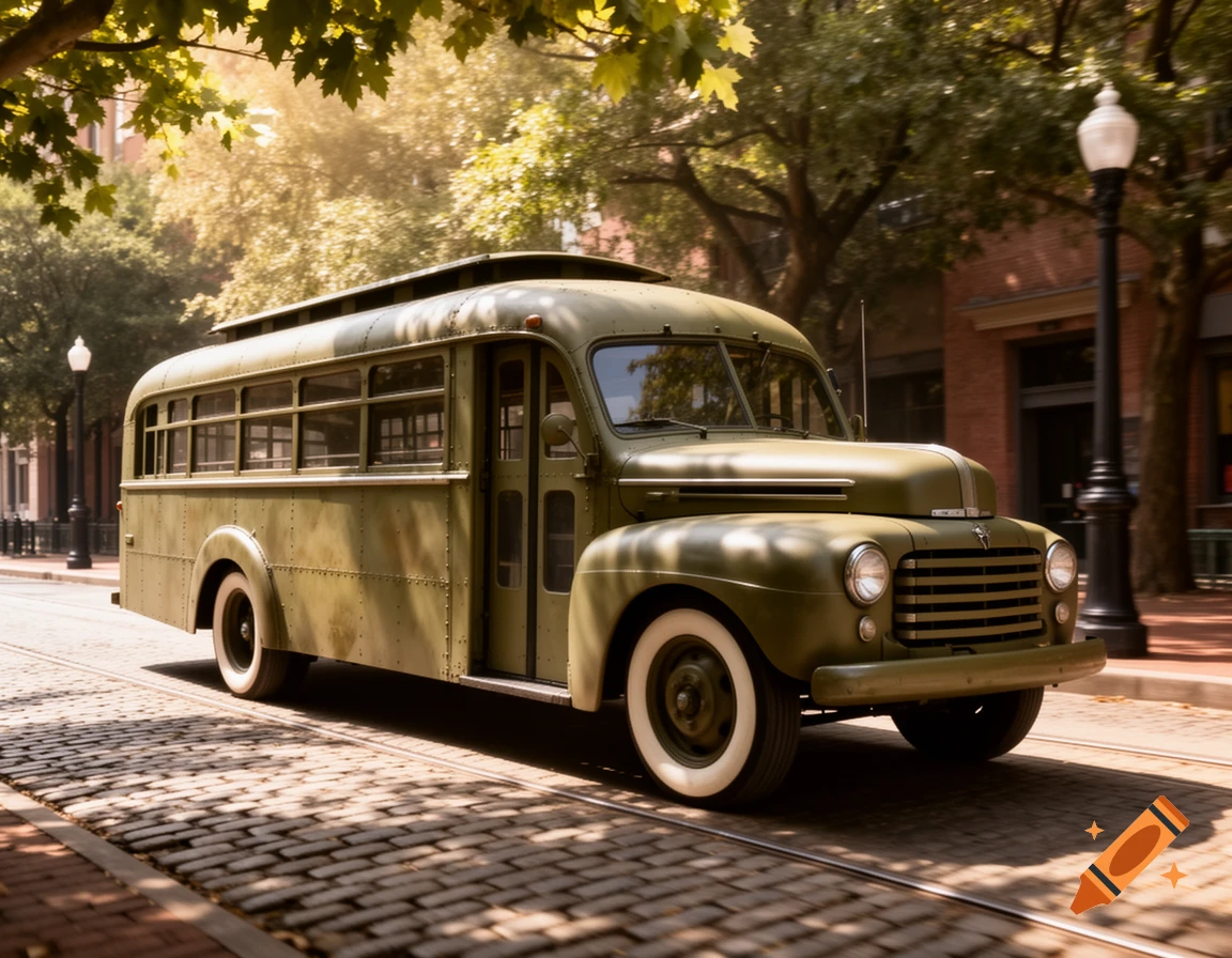 An old, olive green Ford-style bus or streetcar with white-walled tires drives on a cobblestone street lined with trees and brick buildings, bathed in warm sunlight.