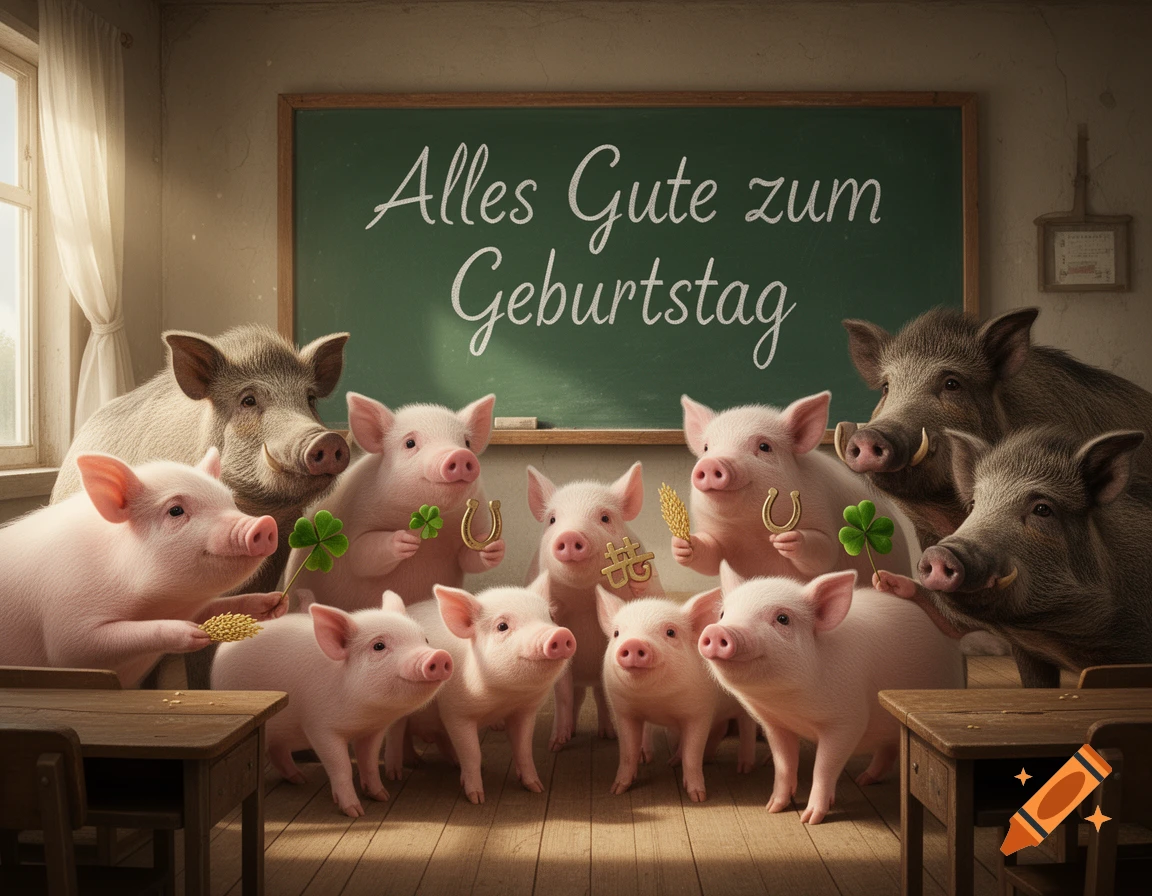 Photorealistic pigs and piglets in a classroom, holding lucky charms in front of a "Happy Birthday" chalkboard.