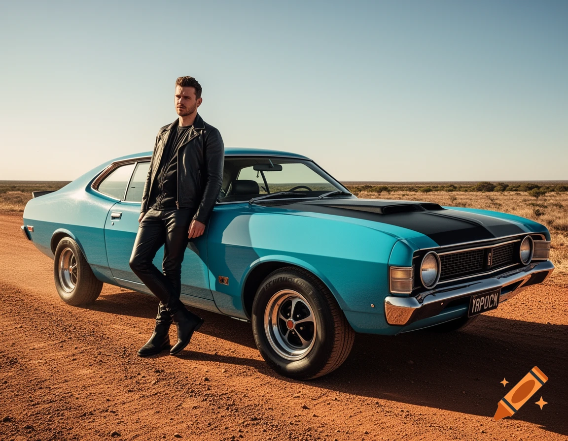 A man in a black leather jacket and pants leans on a light blue vintage car with a black hood stripe in a desert landscape.