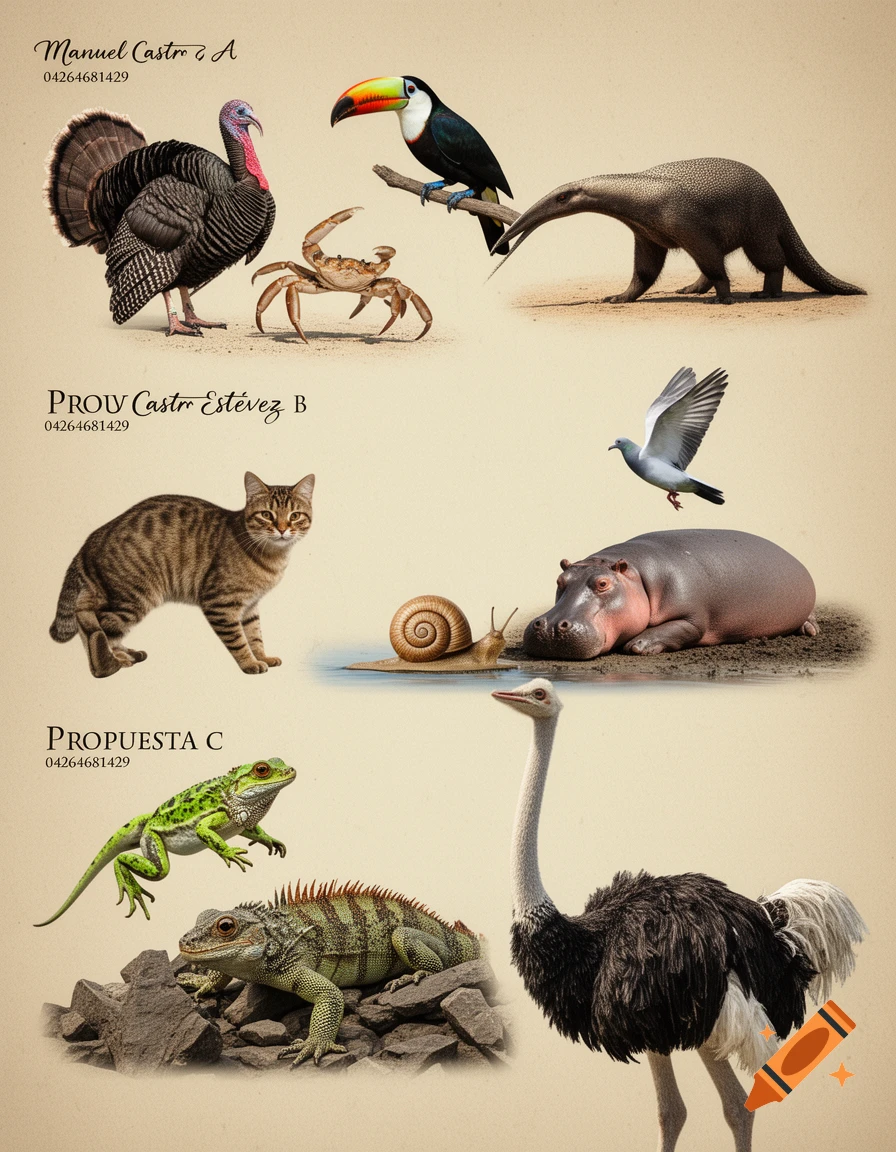 A collage of photorealistic animals, including a turkey, toucan, crab, anteater, cat, pigeon, snail, hippo, lizard, iguana, and ostrich, arranged in three labeled rows.