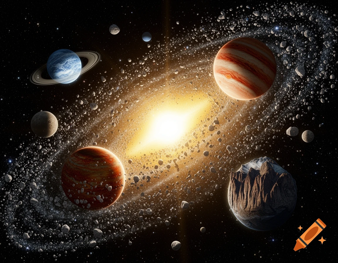 A vibrant star system with multiple colorful planets, a ringed planet, and an asteroid belt surrounding a bright central star in deep space.