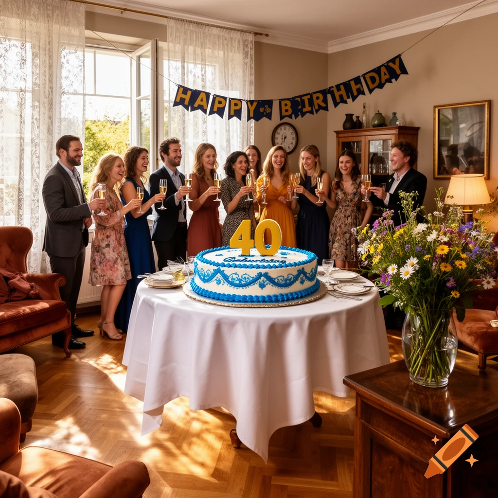 A group of adults raising champagne glasses around a table with a large birthday cake featuring "40 Geburtstag" and a "HAPPY BIRTHDAY" banner in a well-lit room.