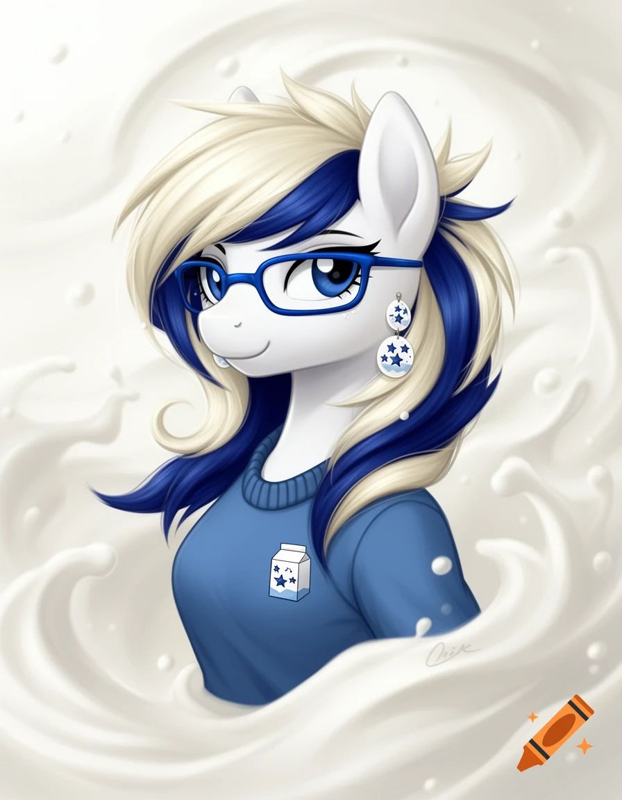 A white cartoon pony with cream and deep blue mane, blue glasses, a blue sweater with a milk carton icon, and milk earrings, partially submerged in white milk.