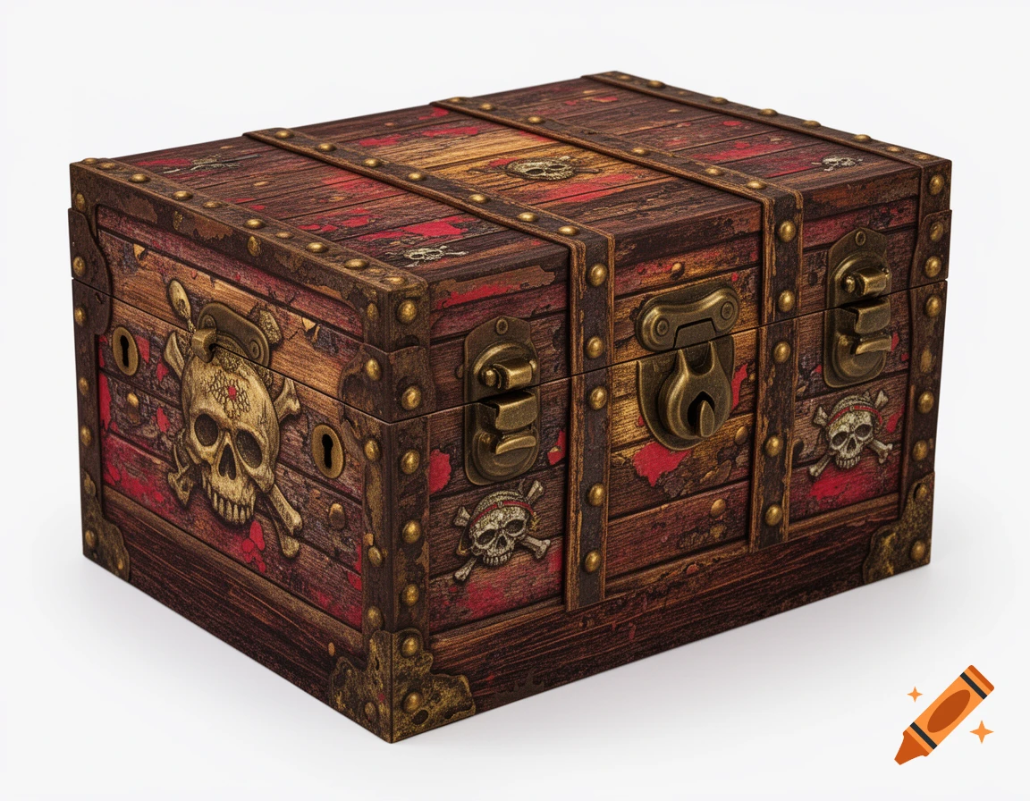 A detailed, distressed wooden pirate treasure chest with metal straps, skull and crossbones emblems, and ornate latches, set on a white background.