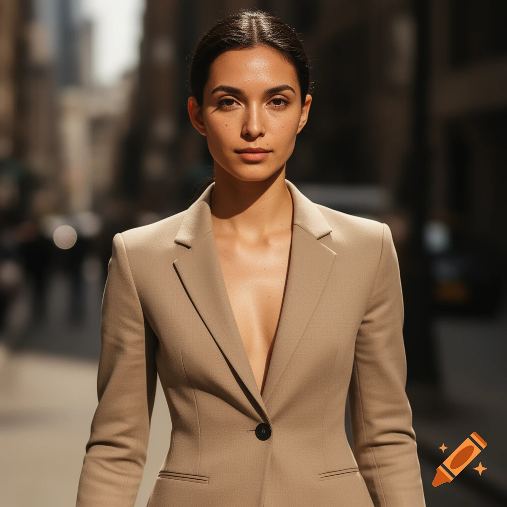 Photorealistic portrait of a woman in a beige blazer looking directly forward on an urban street.