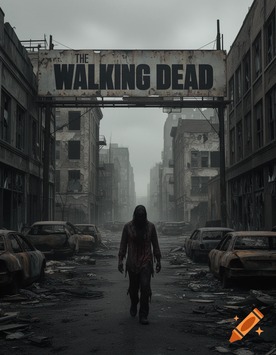 A dark, photorealistic image of a lone zombie-like figure walking down a ruined city street under a sign that reads 'The Walking Dead'.