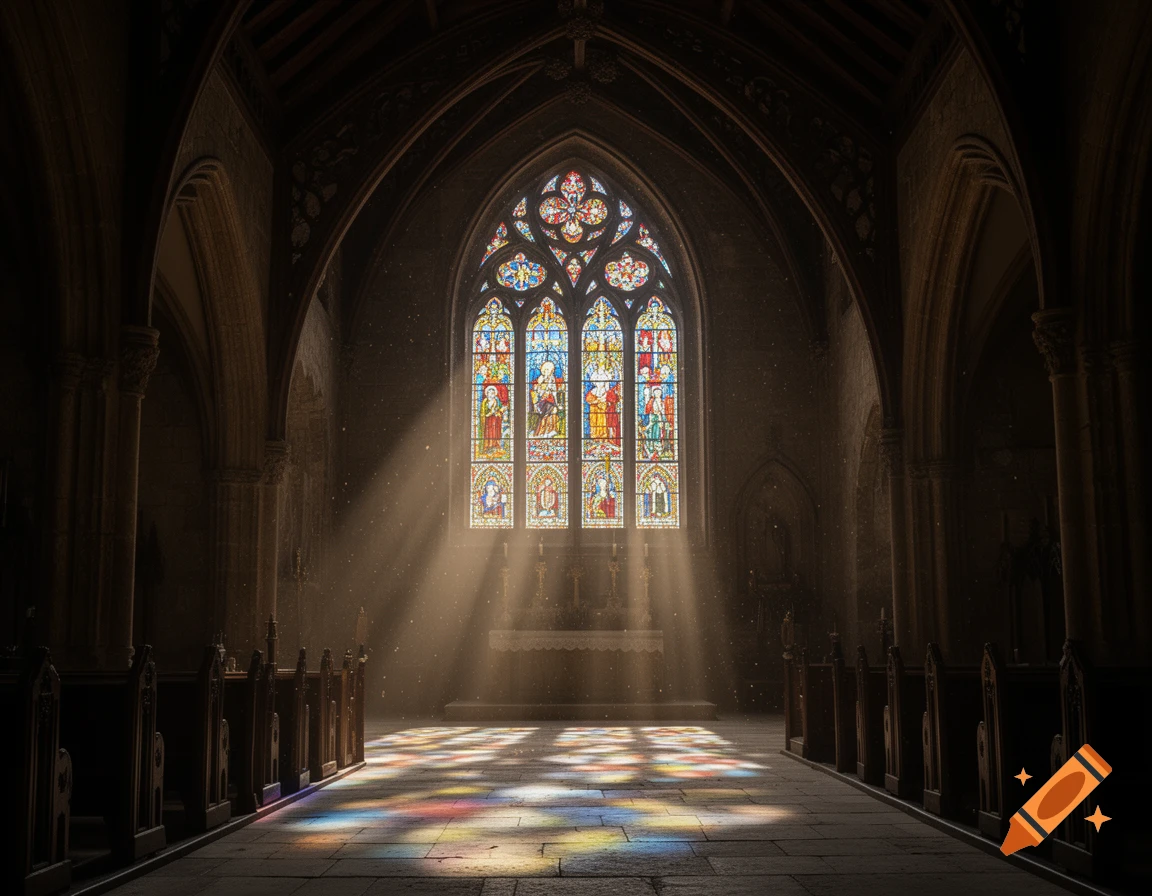 Sunlight streams through a vibrant stained-glass window, illuminating dust in a dark gothic church interior.