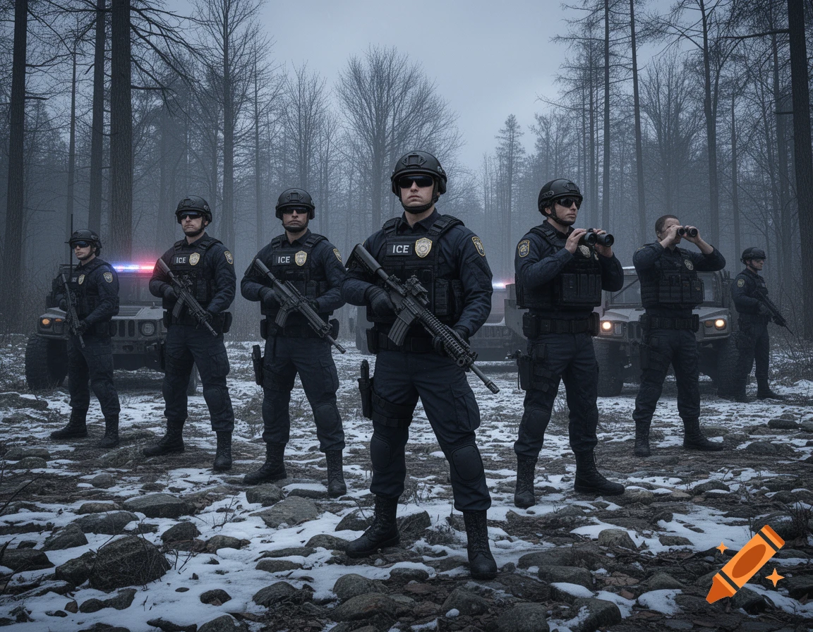 A squad of tactical ICE officers with rifles and gear stand in a foggy, snowy winter forest.