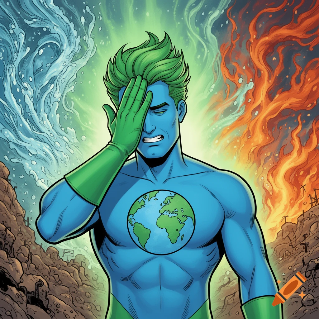 Captain Planet facepalms with a distressed expression, surrounded by swirling water, raging fire, and desolated land in a comic art style.