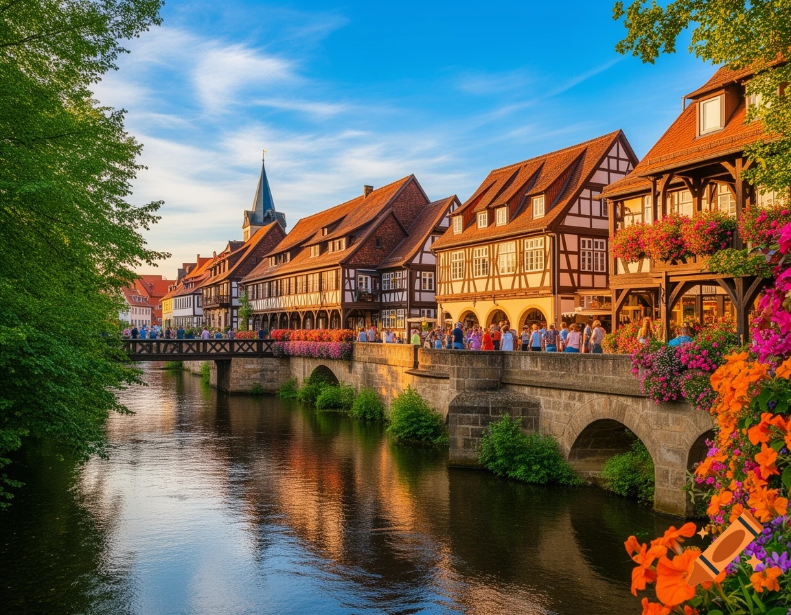 A historic European town with half-timbered houses lining a bridge over a river, adorned with vibrant flowers under a blue sky.