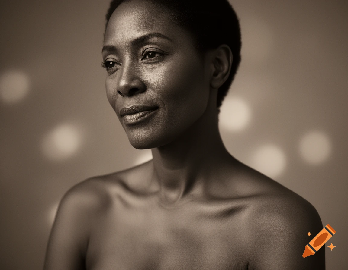 A sepia-toned photorealistic portrait of an elegant Black woman with short hair and bare shoulders, looking subtly to the right.