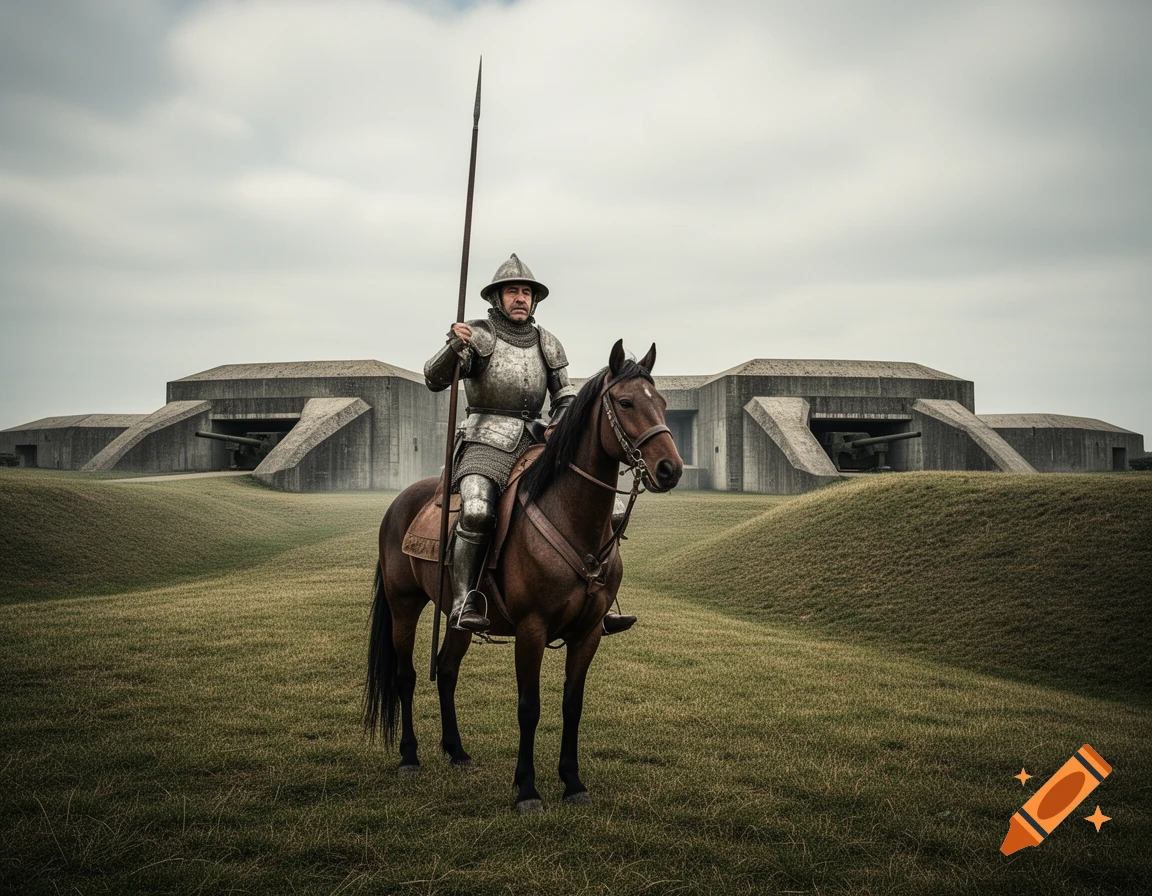 A knight in shining armor on horseback stands in a grassy field before modern concrete bunkers.