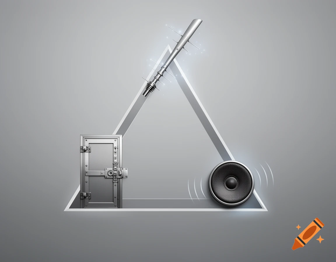 A metallic triangular diagram with a vault door, a radio frequency antenna, and a speaker at its corners on a grey background.