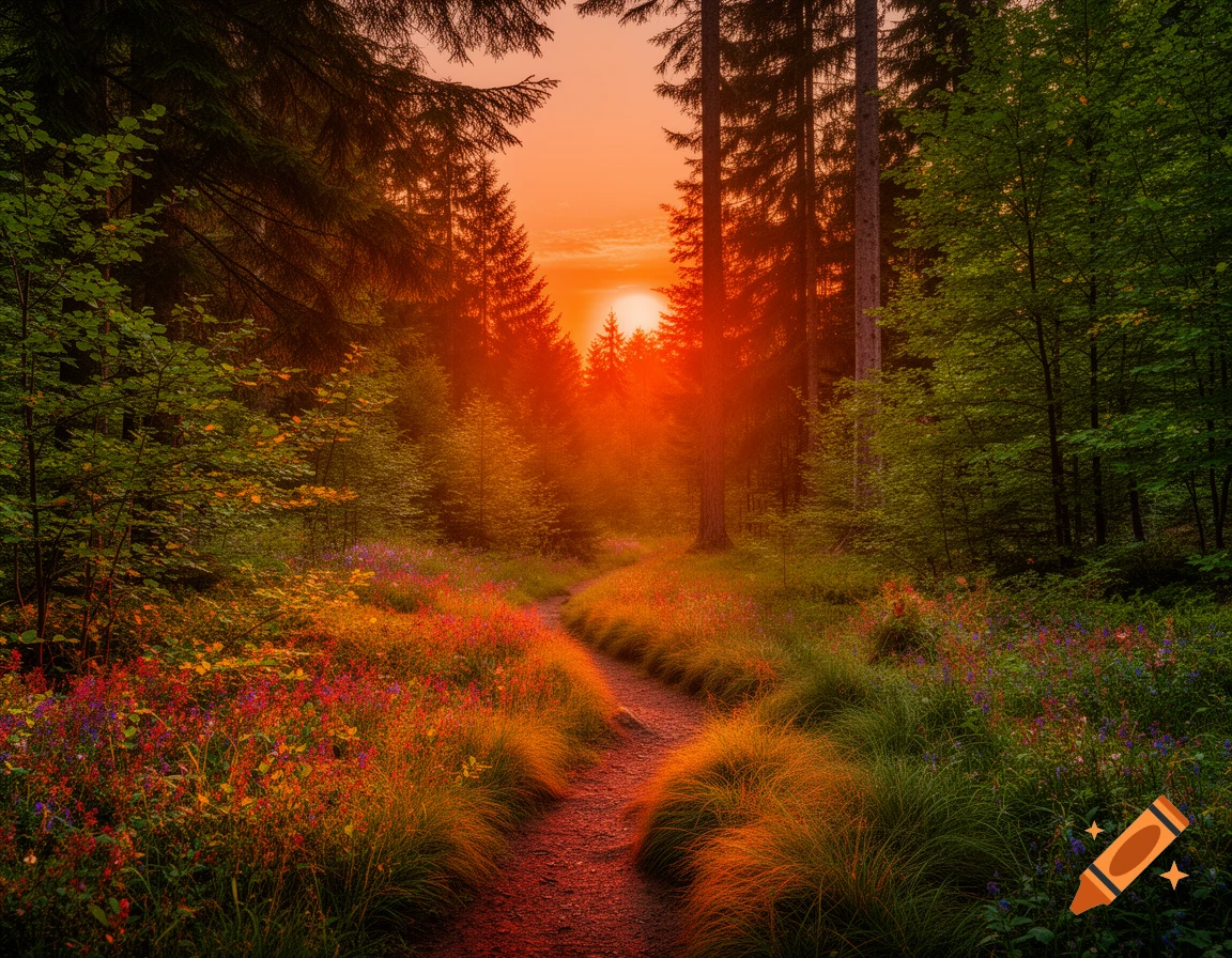 A winding dirt path through a vibrant forest at sunset, with wildflowers and tall trees bathed in warm orange light.