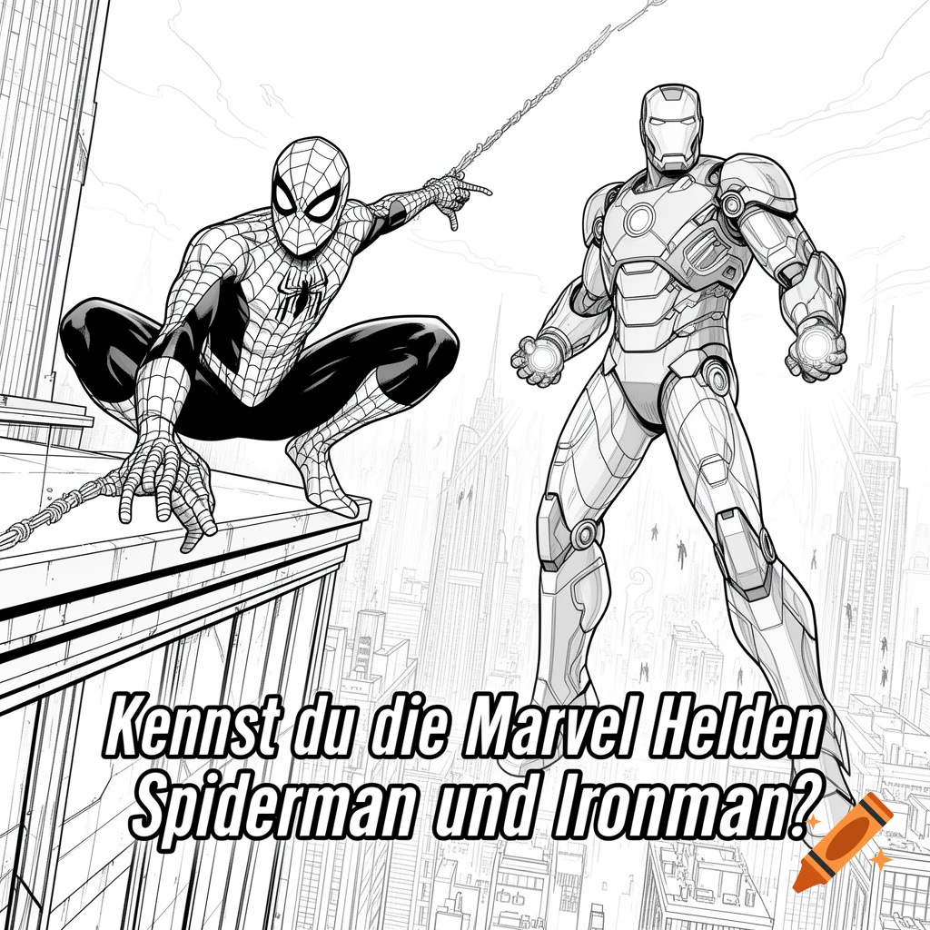 Spider-Man and Iron Man pose on a city rooftop in black and white line art, with German text overlay.