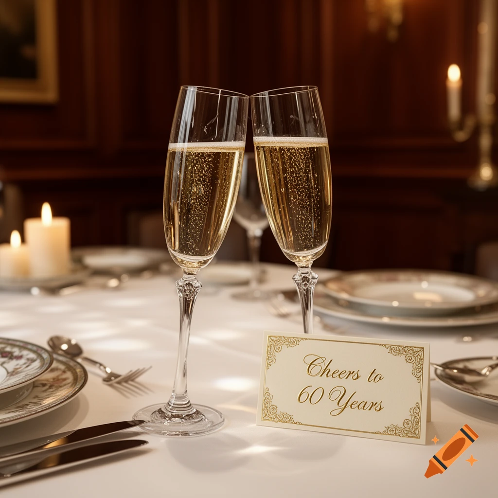 Two champagne flutes and a 'Cheers to 60 Years' card on an elegant dining table with candles.