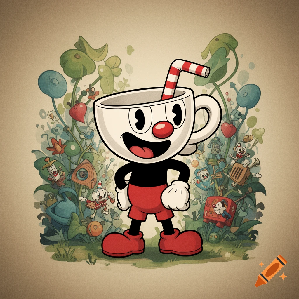 A cheerful Cuphead stands amidst a vibrant, whimsical garden with smaller characters in a retro cartoon style.