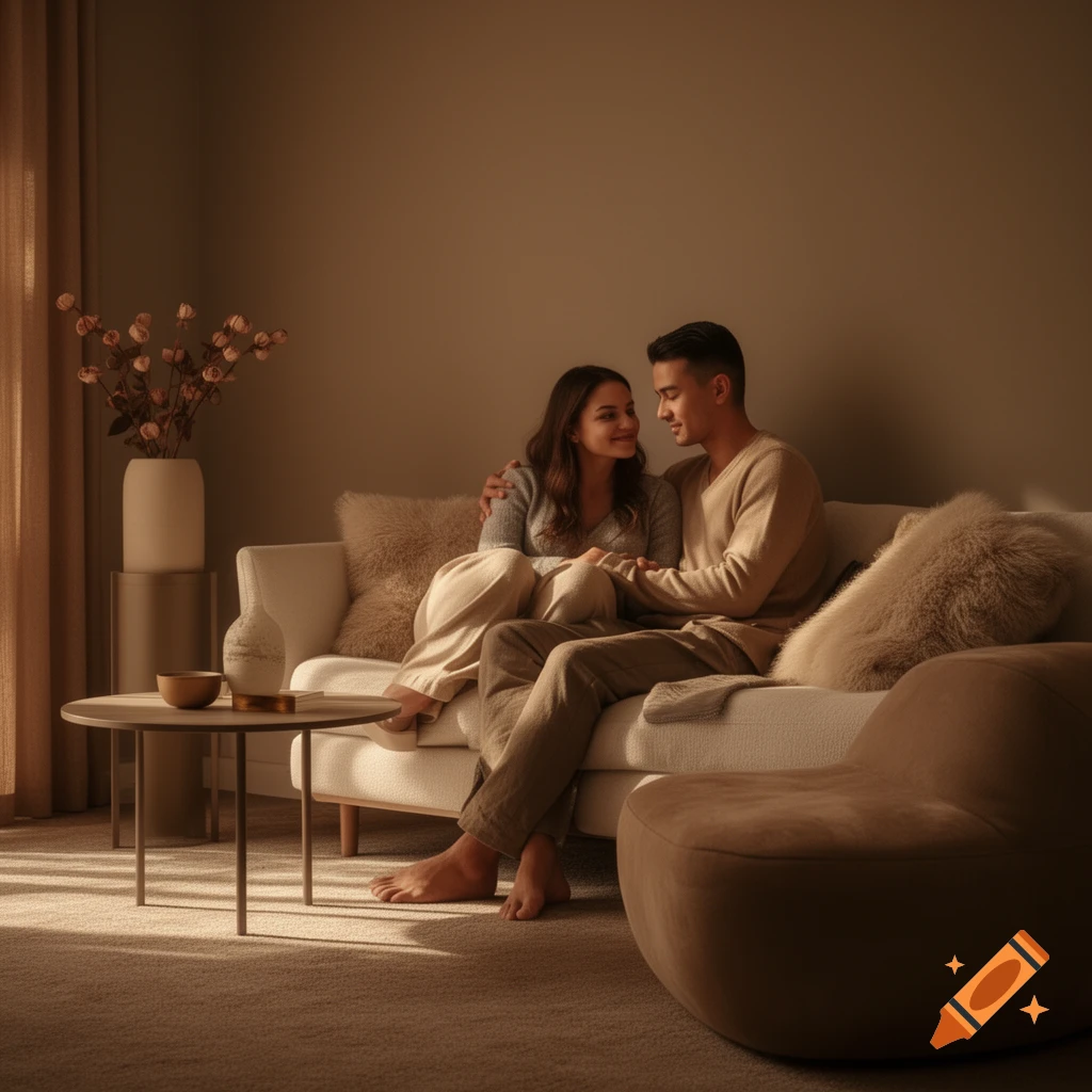 A couple sitting intimately on a sofa in a warm, dimly lit living room with neutral tones, looking at each other.