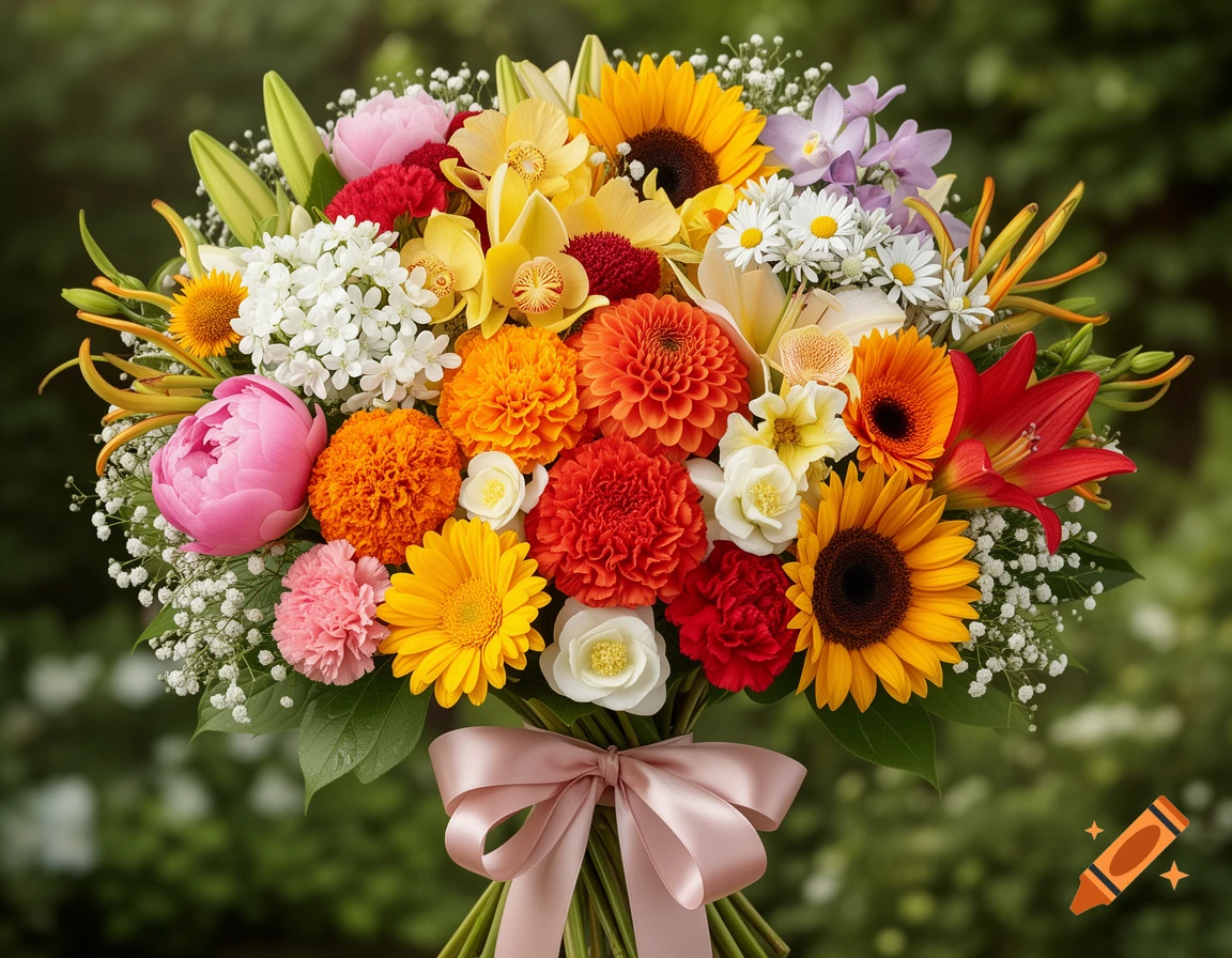 A vibrant, photorealistic bouquet of diverse colorful flowers, including sunflowers, peonies, dahlias, and lilies, tied with a pink ribbon.
