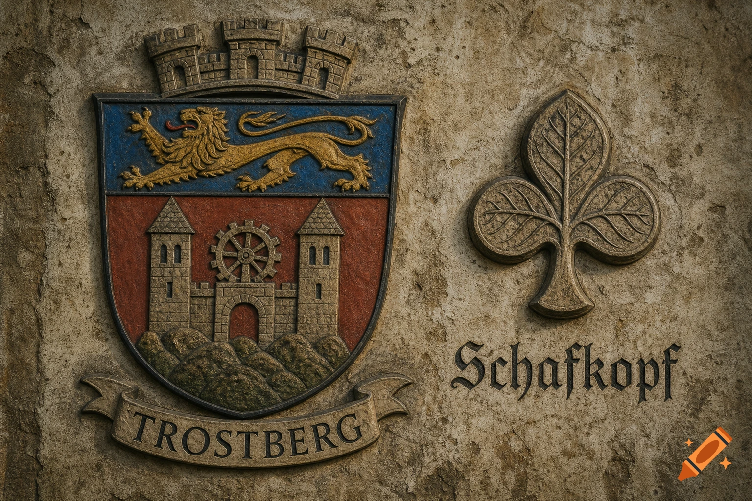A colorful Trostberg coat of arms with a lion and castle next to a carved leaf symbol and the word Schafkopf on a stone wall.