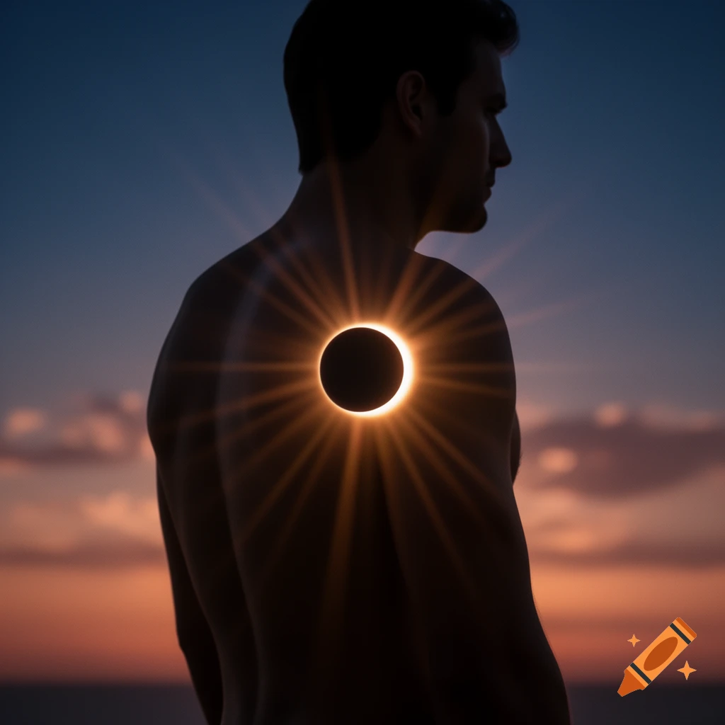 Silhouette of a man with a solar eclipse glowing on his back against a sunset sky.