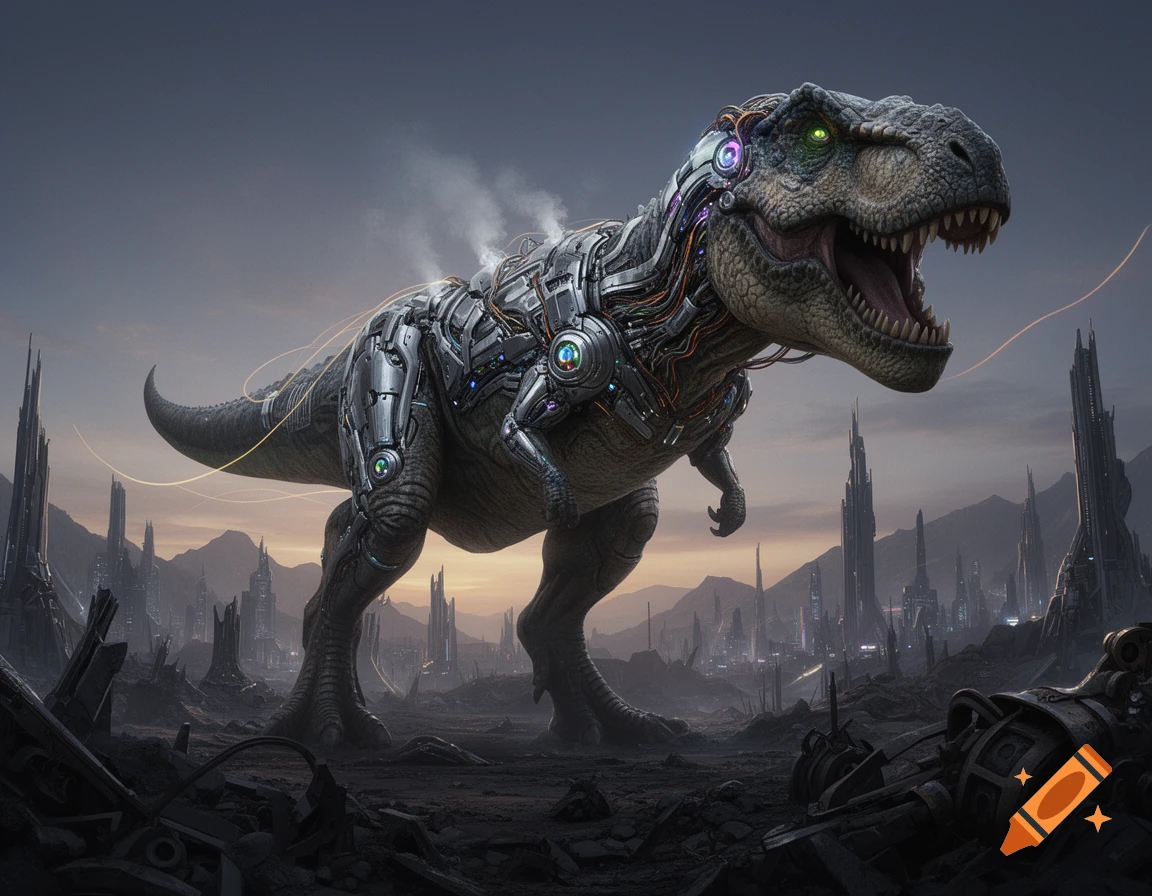 Photorealistic cyborg T-Rex with glowing green eyes and intricate mechanical parts stands in a desolate futuristic city with ruined buildings.
