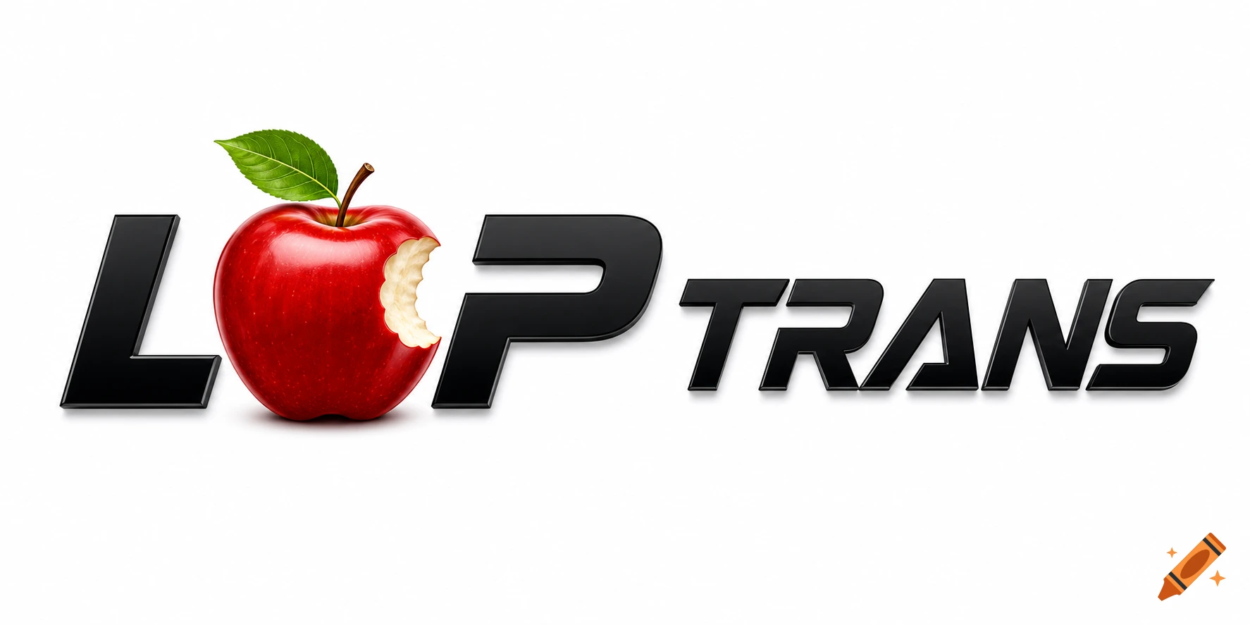 A glossy black 3D logo displaying 'L', a red bitten apple replacing the 'O', and 'PTRANS' on a white background.