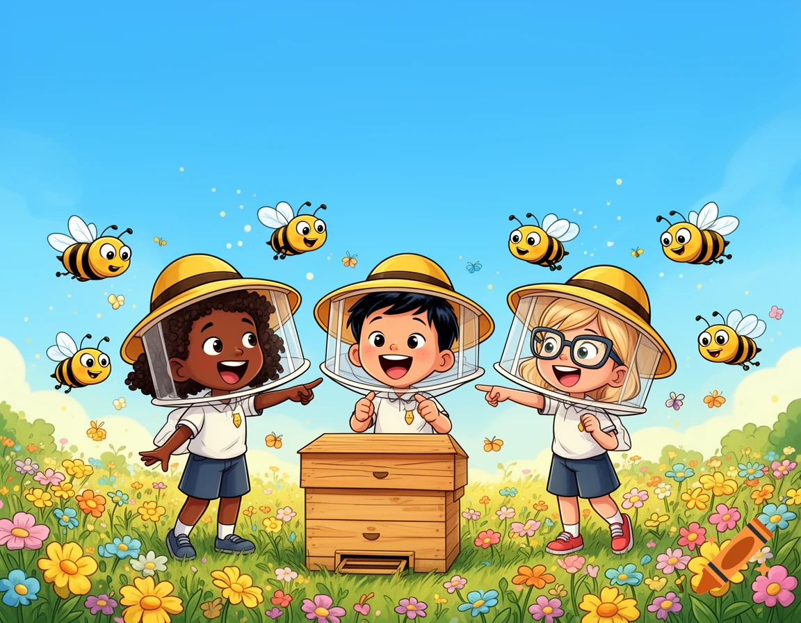 A vibrant 2D comic illustration shows three diverse children in beekeeper hats pointing at a beehive in a flower meadow with cartoon bees.