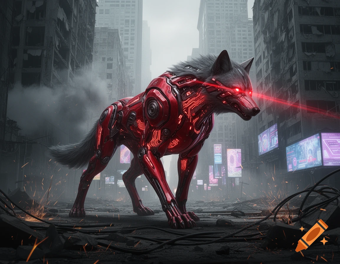 Red cybernetic wolf with glowing eyes and lasers in a ruined dystopian city with neon signs and smoke.