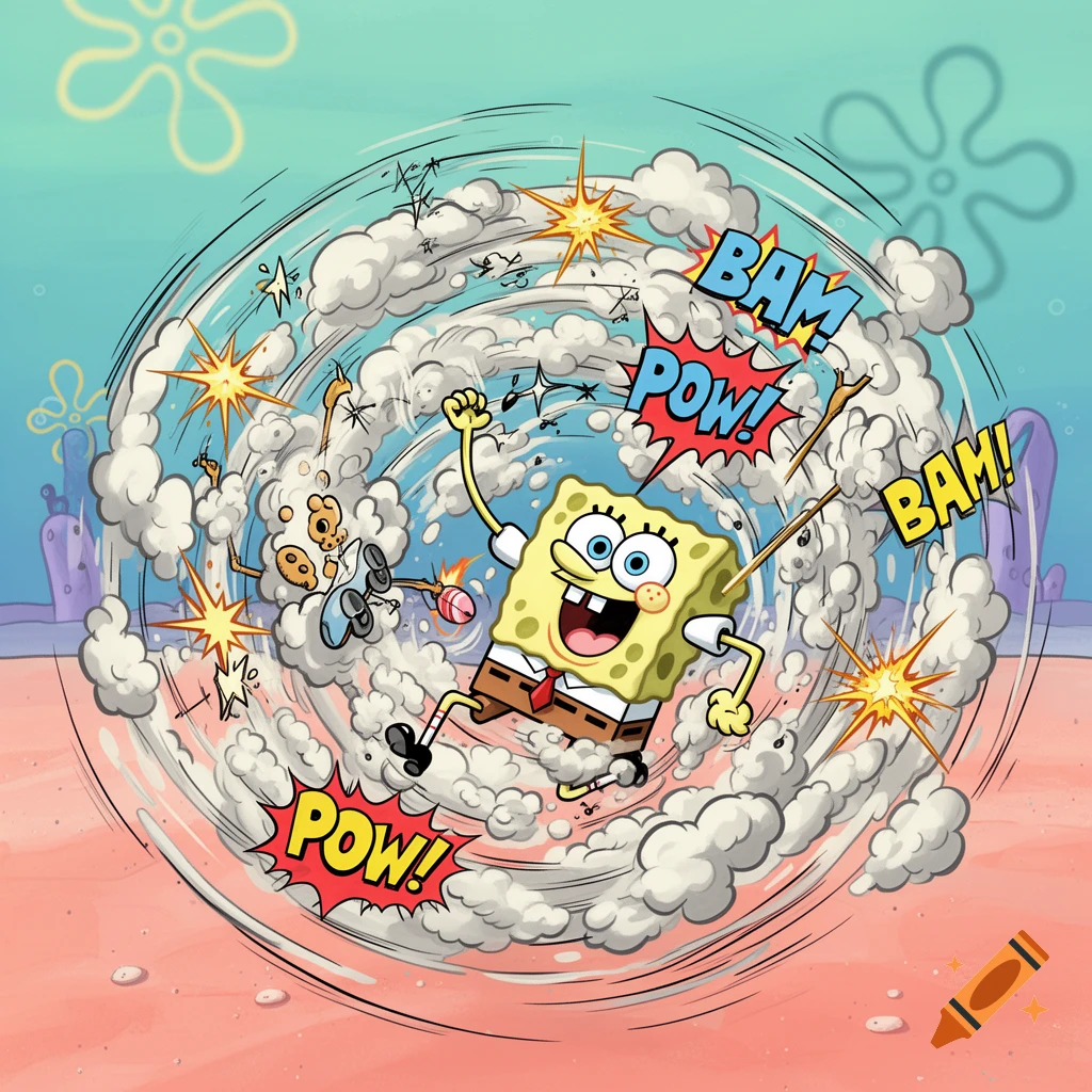 SpongeBob SquarePants spins in a dynamic cartoon fight scene with smoke and comic book sound effects like 'BAM' and 'POW'.