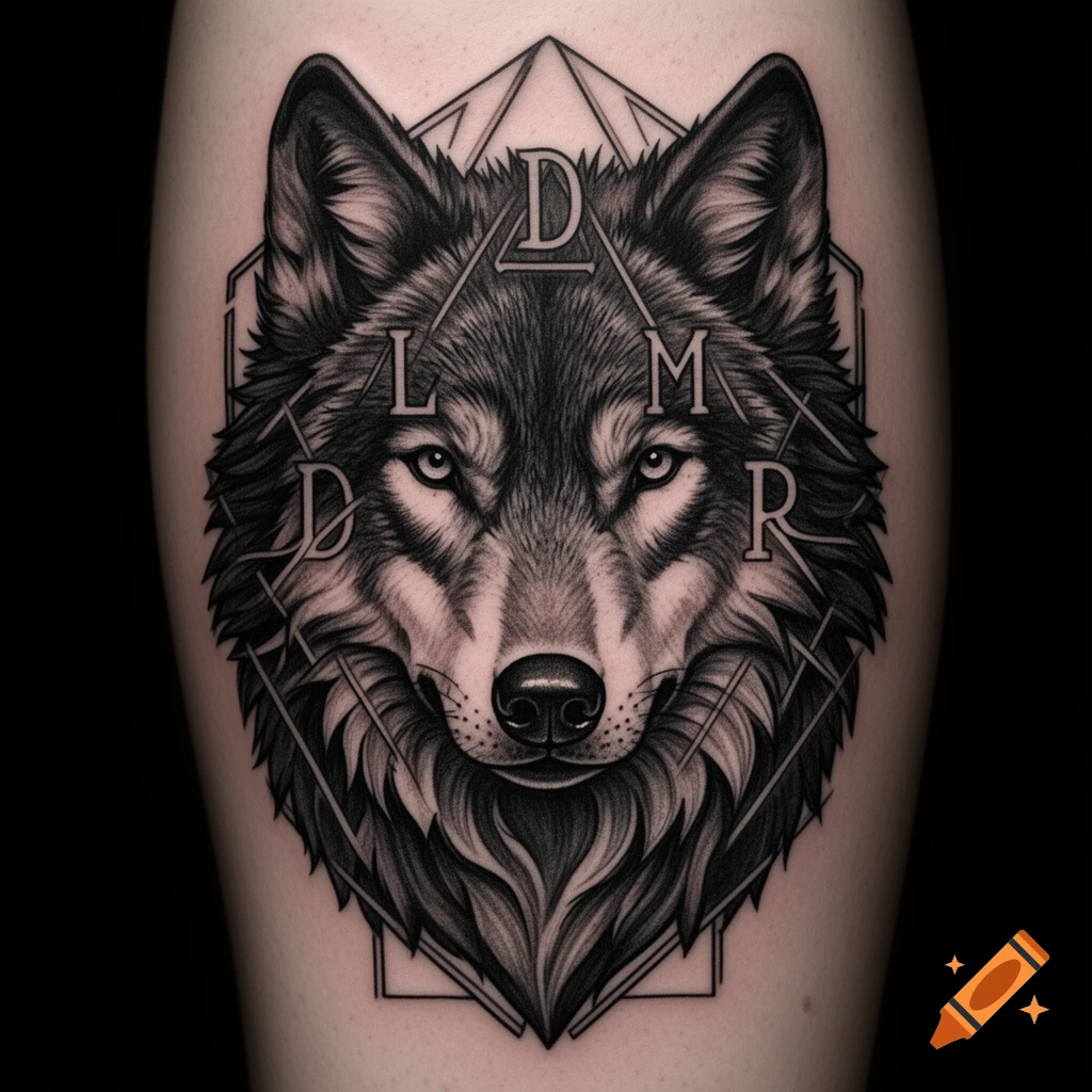Detailed black and white tattoo design of a wolf's head with geometric lines and the letters D, L, M, R subtly integrated.