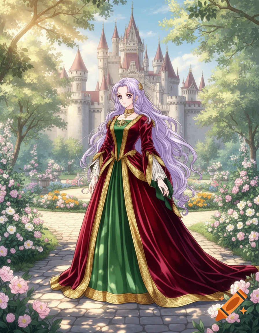 Anime woman with long lavender hair in a red, green, and gold gown, standing in a lush castle garden with a grand castle.