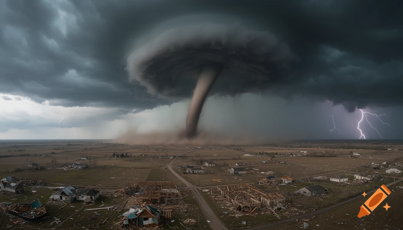 A massive, dark tornado tears through a rural landscape, destroying houses under dark, stormy skies with lightning, photorealistic.
