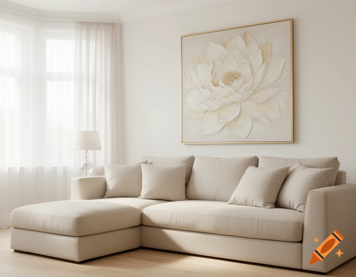 An elegant minimalist living room with a light beige sectional sofa, a large white textured flower painting, sheer bay window curtains.