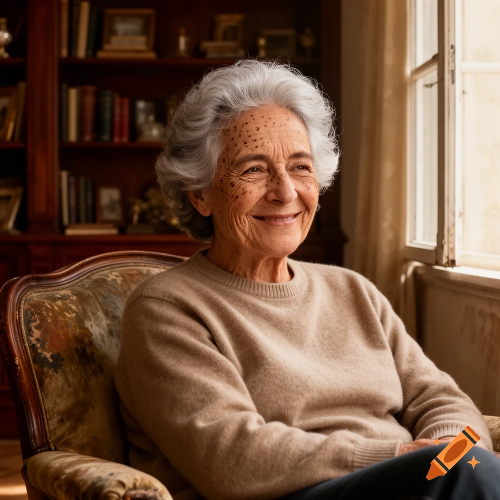 Smiling elderly woman with gray hair sits in an armchair by a window, a bookshelf in the background, photorealistic style.