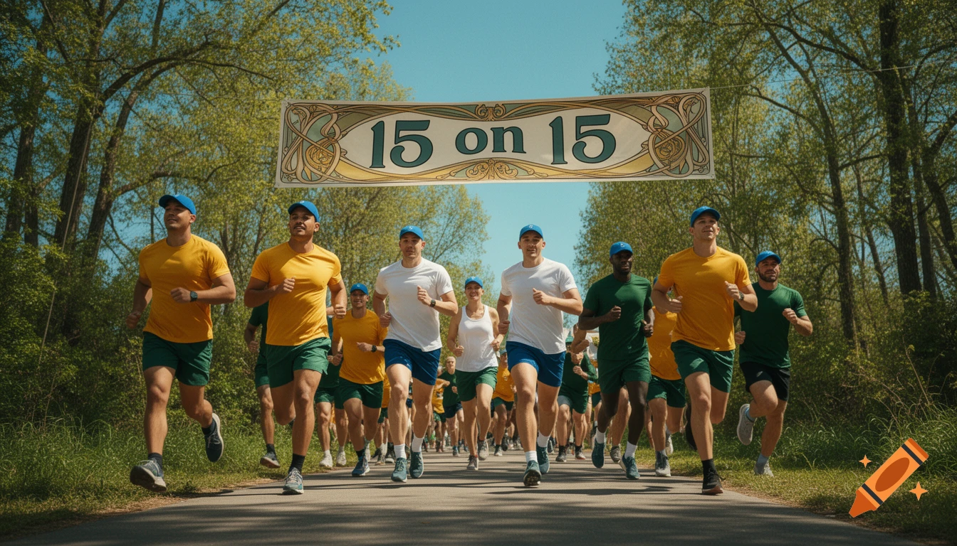 A diverse group of runners, in yellow, white, and green attire with blue caps, runs on a paved path beneath a banner reading '15 on 15' in a greenway.