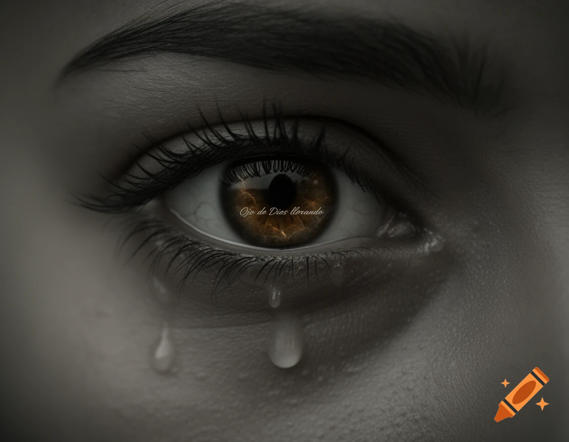 A dramatic close-up of a human eye with an amber iris, tears streaming down, and the text 'Ojo de Dios llorando' visible within the iris.