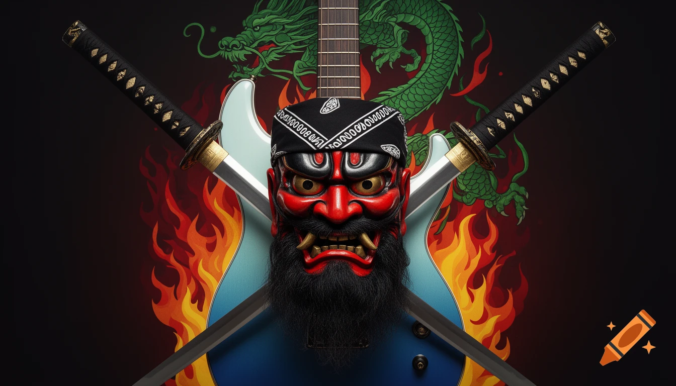 A red Oni mask with a black beard and bandana, flanked by crossed samurai swords, in front of a blue guitar. A green dragon and flames are in the dark background.