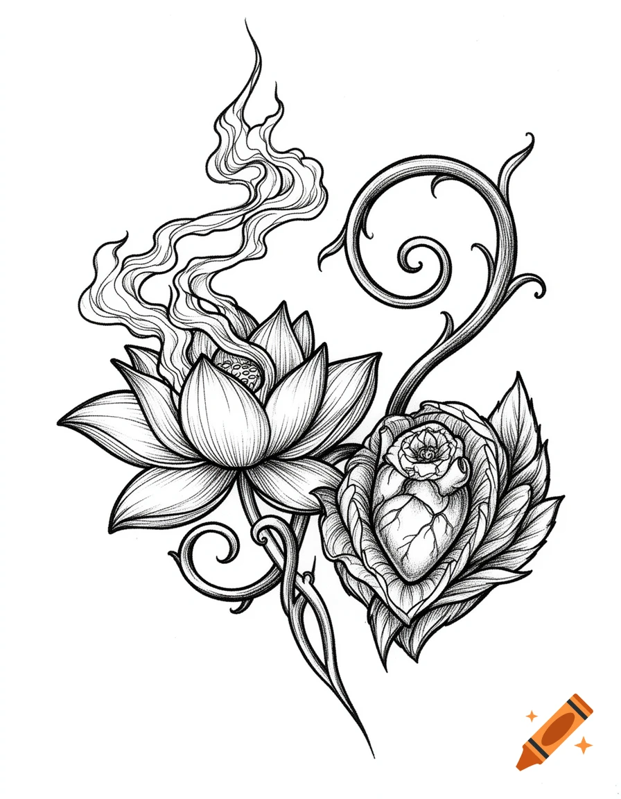 A blackwork tattoo design featuring a lotus flower with smoke, an anatomical heart nestled in leaves, and swirling vines.