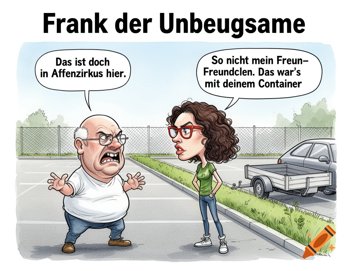 A humorous cartoon shows an angry bald man arguing with a woman wearing red glasses and a green shirt in a parking lot with a car and trailer.