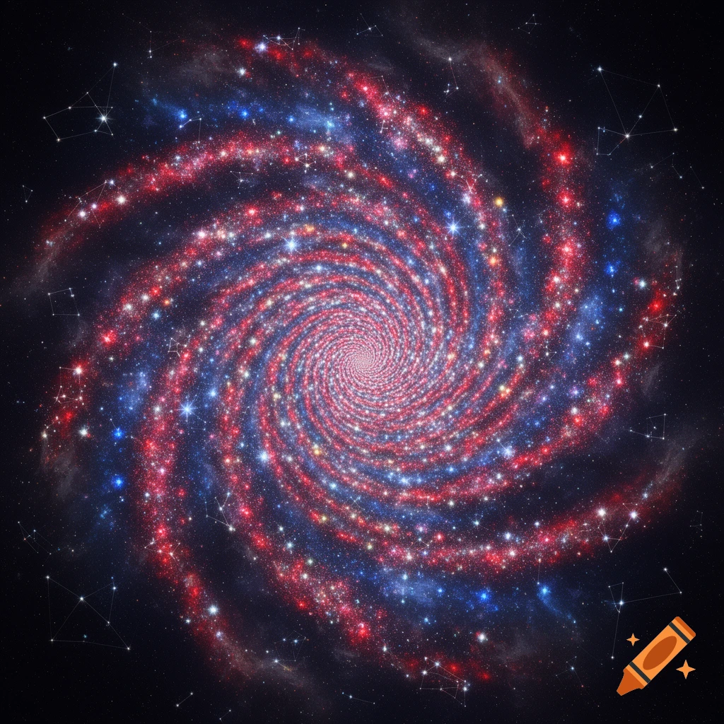 A vibrant red, white, and blue hypnotic spiral galaxy with scattered constellations in deep space.