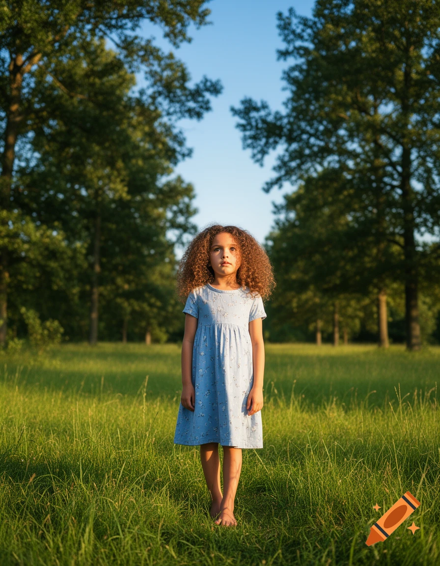 A young girl with curly hair stands barefoot in a sunlit grassy field, wearing a blue dress, with trees in the background.