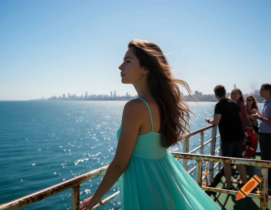 A young woman in a teal dress stands on a boat railing, looking out at the sparkling blue sea and a distant city skyline.