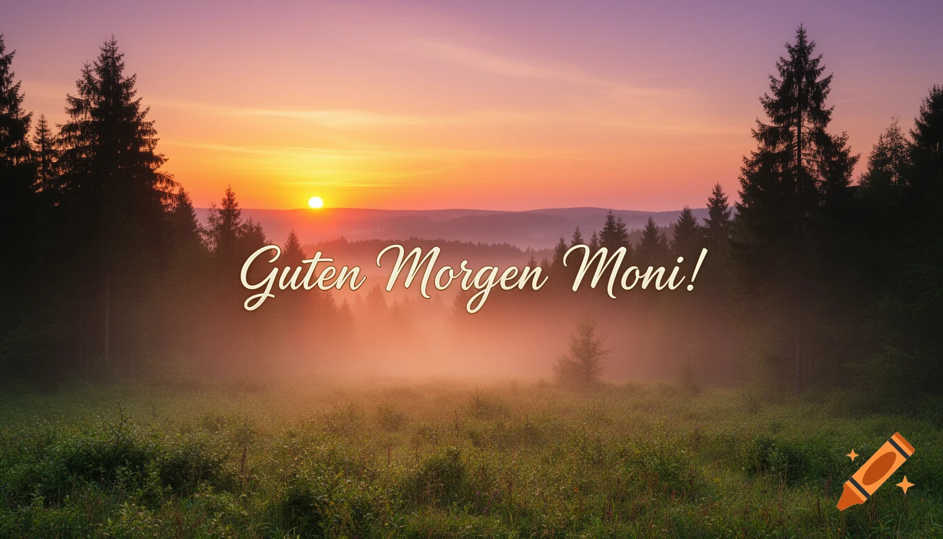 A vibrant sunrise over a misty forest with silhouetted pine trees and the text "Guten Morgen Moni!" in elegant script.