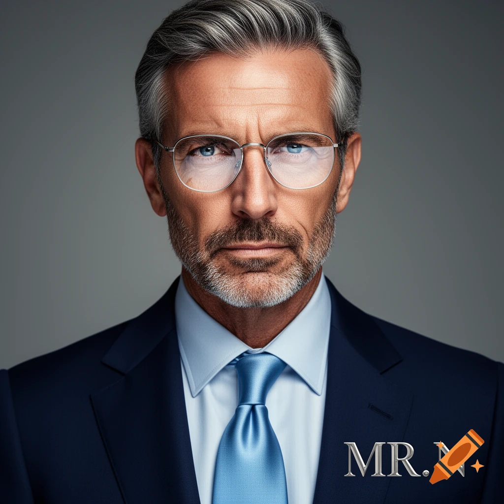 A serious-looking man with gray hair, beard, and glasses wearing a blue suit and tie, with 'MR.N' on his jacket.