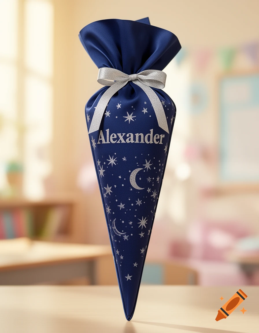 A dark blue school cone with silver stars, moons, and the name 'Alexander', tied with a silver ribbon, on a blurred background.