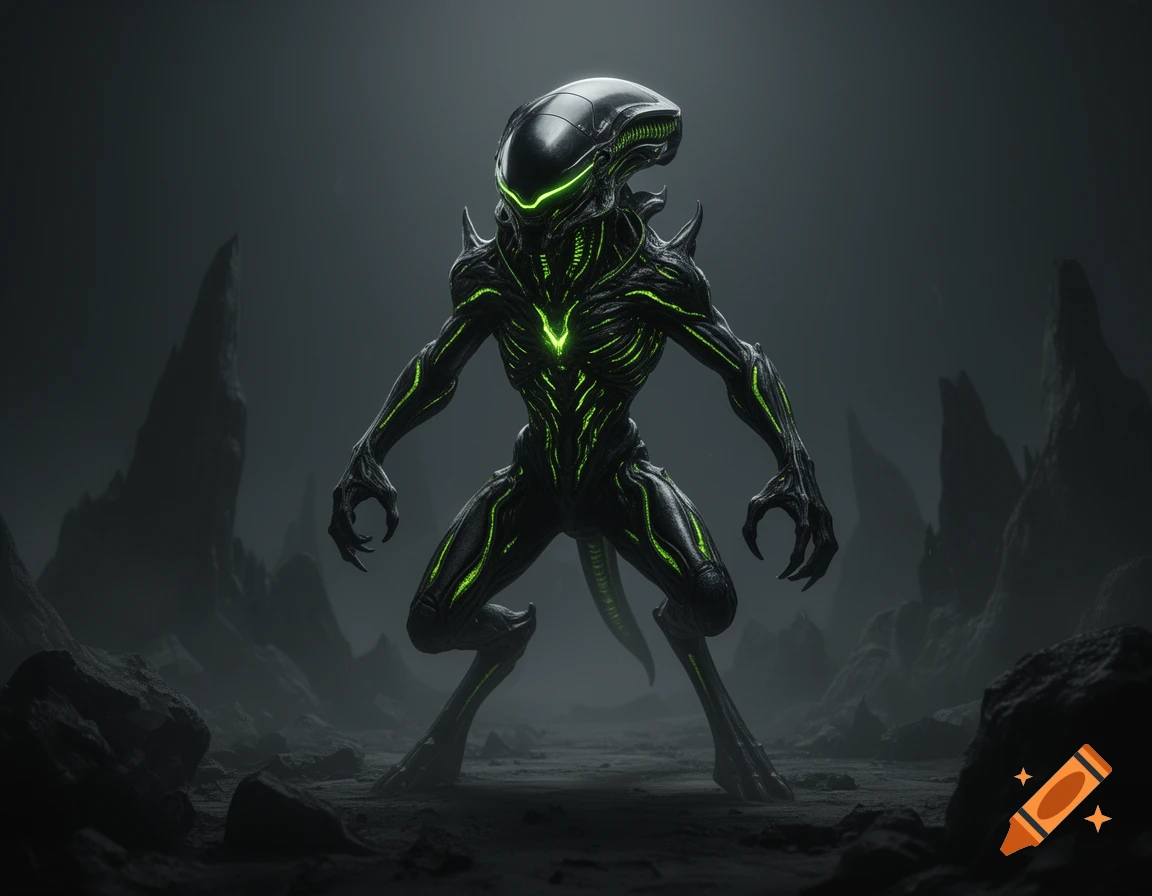 A menacing black alien creature with glowing green bioluminescent accents stands on a dark, rocky alien landscape.