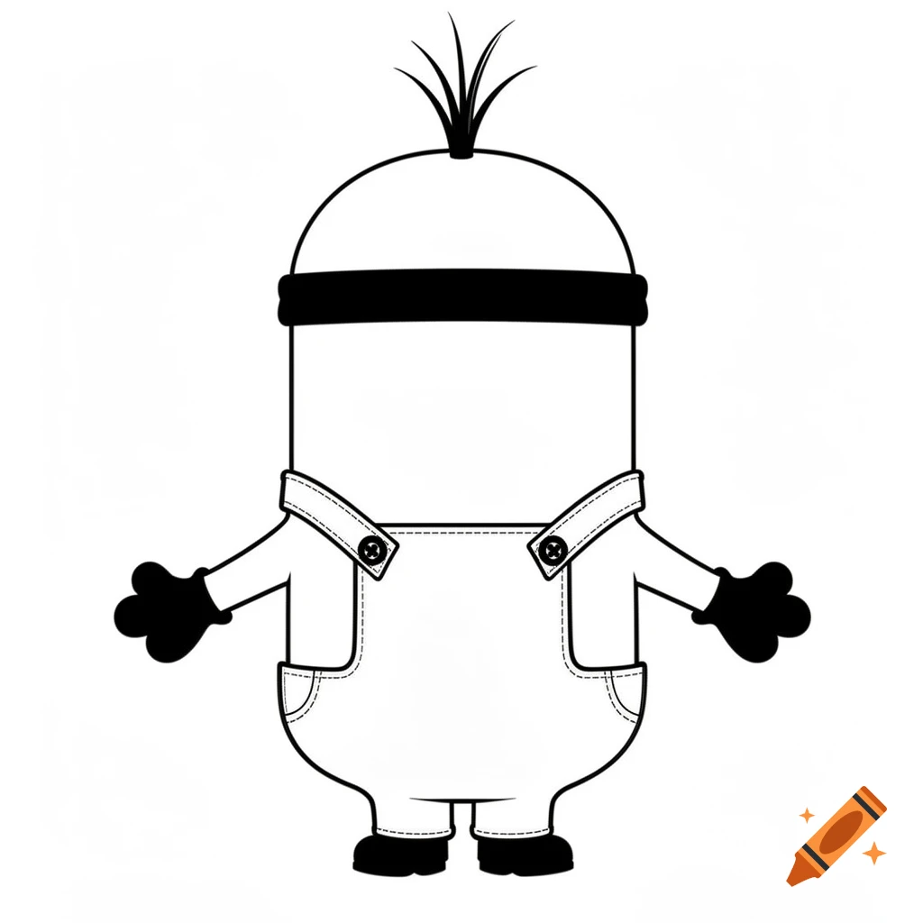 Black and white outline drawing of a Minion-like character from behind, with spiky hair, goggle strap, overalls, and outstretched hands.