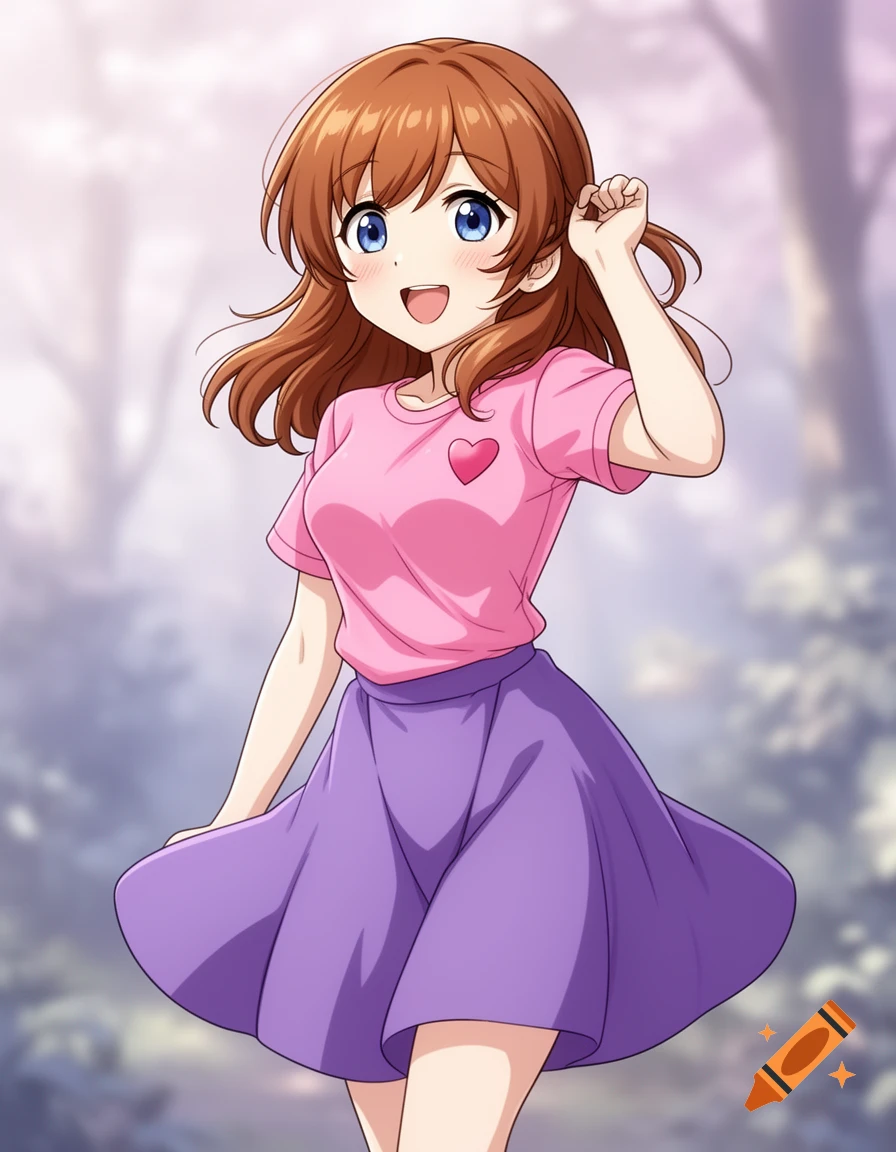 Smiling anime girl with brown hair and blue eyes, wearing a pink t-shirt with a heart and a purple skirt, against a blurred outdoor background.