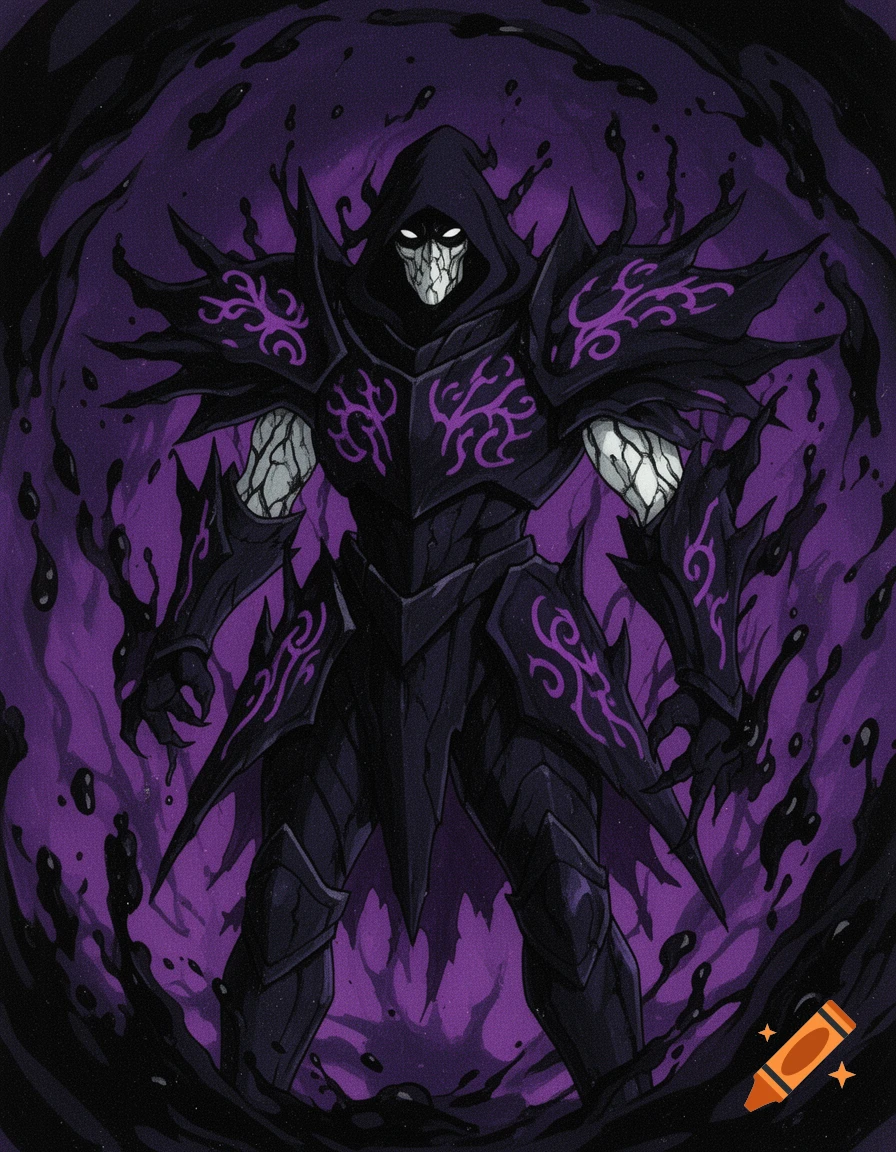 A dark fantasy anime-style sorcerer in jagged obsidian armor with violet filigree, hooded with a skull-like face and white eyes, standing in swirling black shadows.